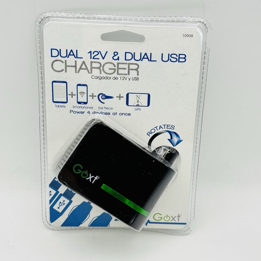 Goxt Dual 12V & Dual USB Charger for Cigarette Lighter 4 devices at once Sealed